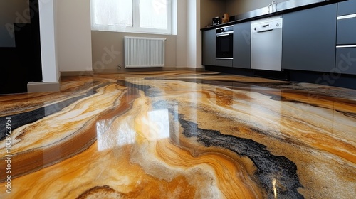 Glossy epoxy floor with a marble look. Ideal for showcasing home design, interior decorating, and renovation projects.