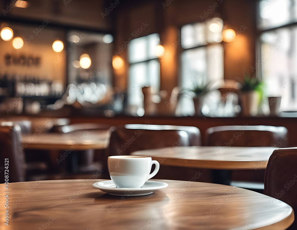 White cup of coffee on the table against the background of a coffee shop. Hot drink, cozy atmosphere, cafe, restaurant White cup of coffee on the table against the background of a coffee shop. Hot drink, cozy atmosphere, cafe, restaurant