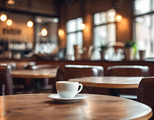 White cup of coffee on the table against the background of a coffee shop. Hot drink, cozy atmosphere, cafe, restaurant