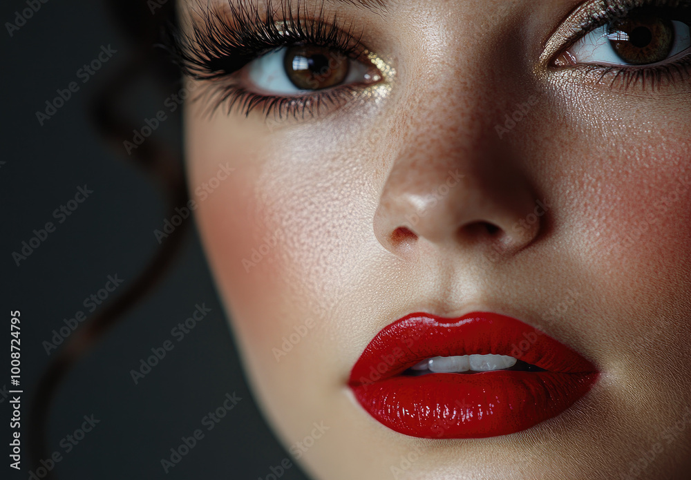 A close-up of the face, showing thick eyelashes and red lipstick on an attractive woman's lips. A close-up of the face, showing thick eyelashes and red lipstick on an attractive woman's lips.