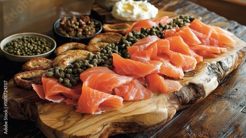 Fresh Salmon Platter on Wooden Board