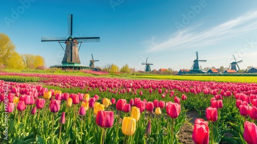 Dutch Windmills Amidst a Sea of Tulips