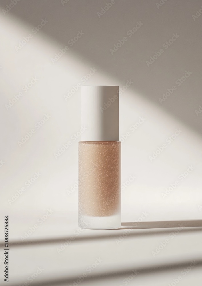 A bottle of foundation is sitting on a white background A bottle of foundation is sitting on a white background