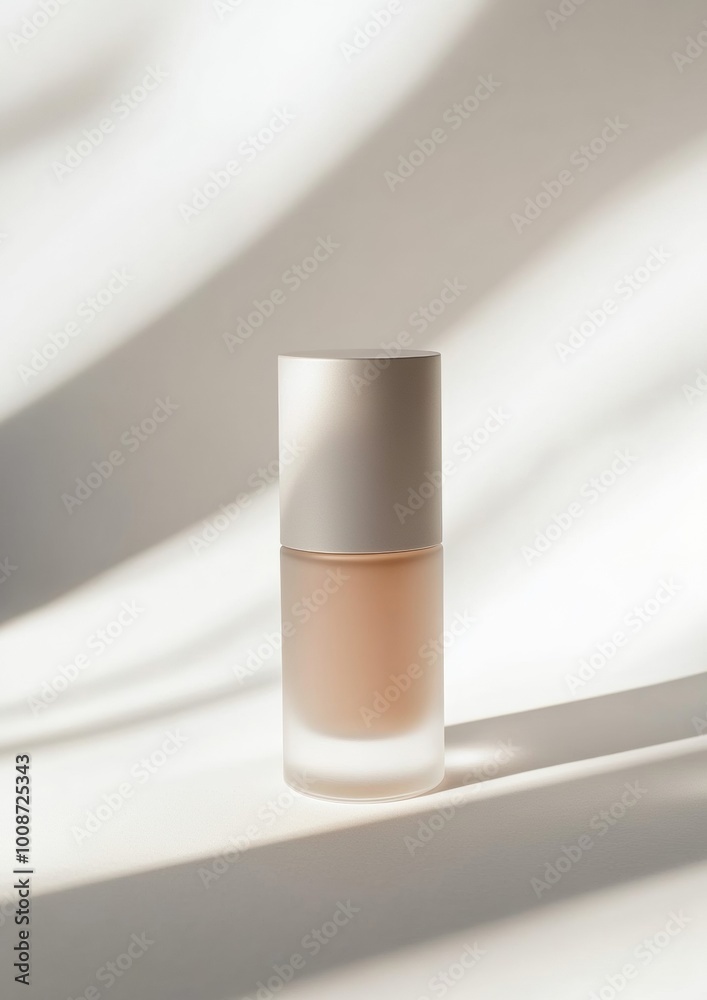 A bottle of foundation is sitting on a white surface A bottle of foundation is sitting on a white surface