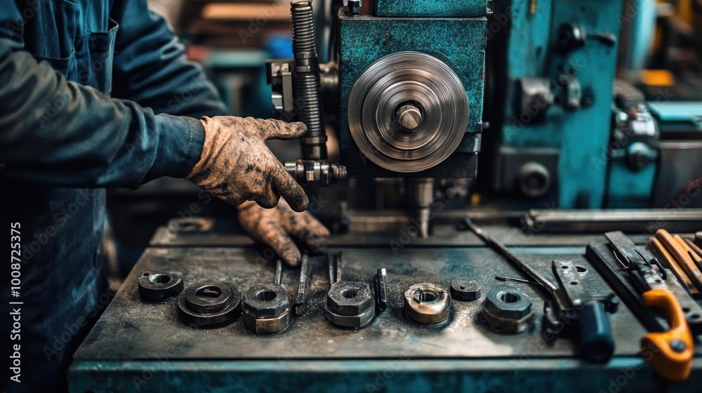 Closeup of a Machinist Adjusting a Machine Closeup of a Machinist Adjusting a Machine