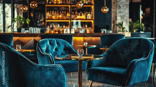 Stylish and cozy interior of a modern bar featuring elegant blue chairs and an inviting atmosphere for relaxation. photo