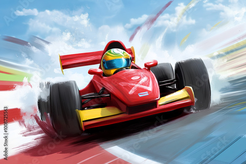 child's funny cartoon formula race car illustration art