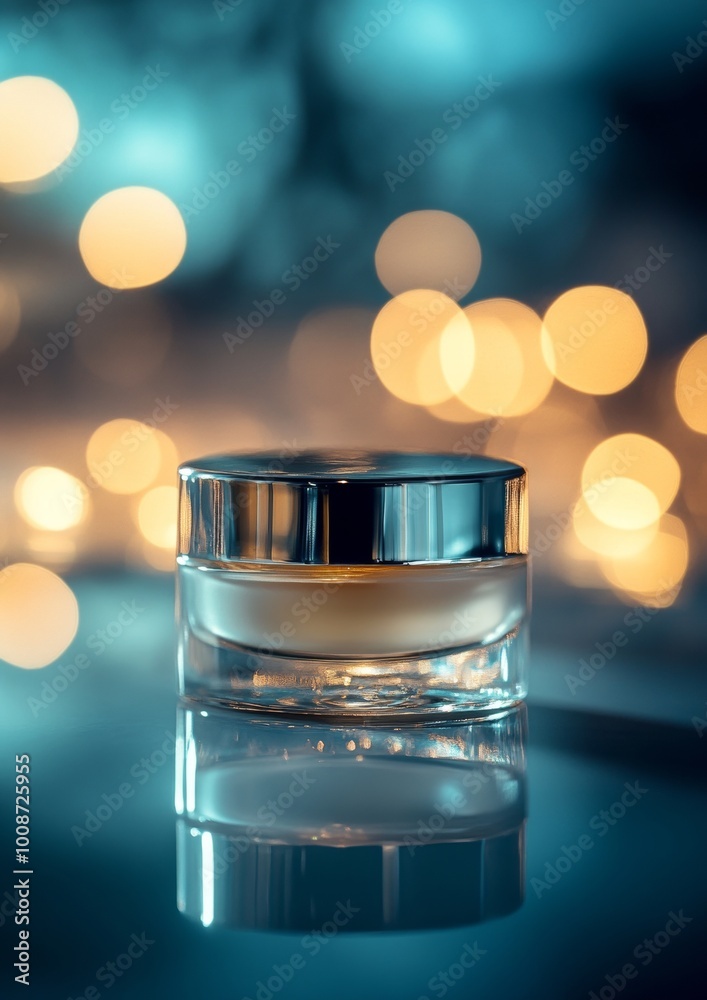A small jar of cream sits on a table with a blue background A small jar of cream sits on a table with a blue background
