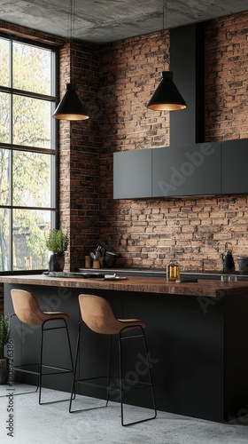 Stylish modern kitchen with brick wall, wooden bar stools, and large windows for natural light.