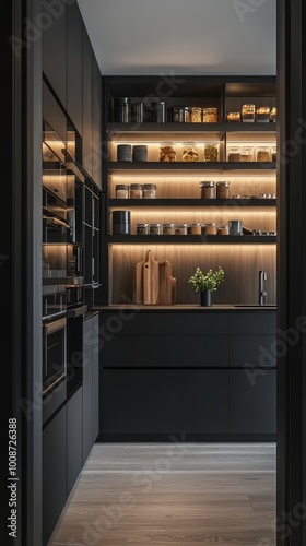 Stylish modern kitchen with elegant cabinetry, warm lighting, and organized shelves for a sleek and inviting ambiance.