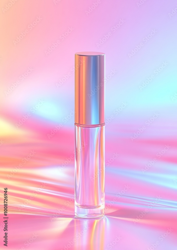 A clear bottle of perfume is sitting on a pink background A clear bottle of perfume is sitting on a pink background
