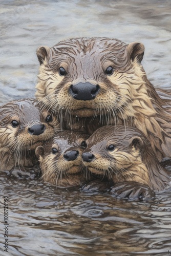 A group of otters playfully interacting in water, showcasing their social behavior.