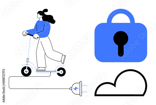 Person riding an electric scooter connected to a plug, with a large padlock and cloud symbol. Ideal for urban transportation, technology, security, sustainability, and innovation themes. Simple