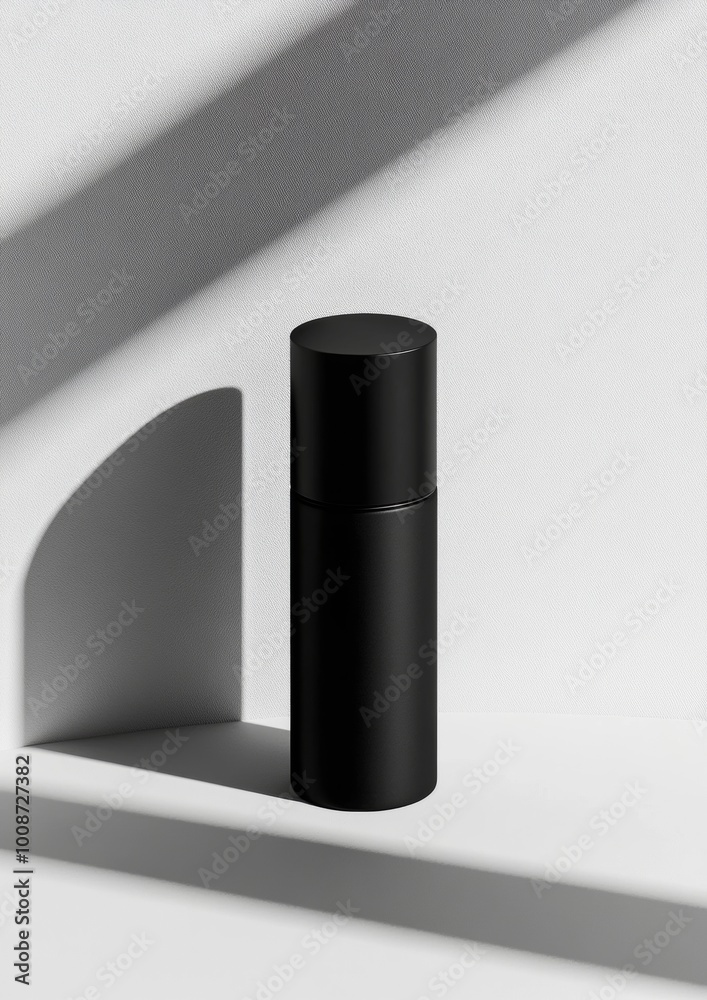A black bottle of perfume is sitting on a white surface A black bottle of perfume is sitting on a white surface