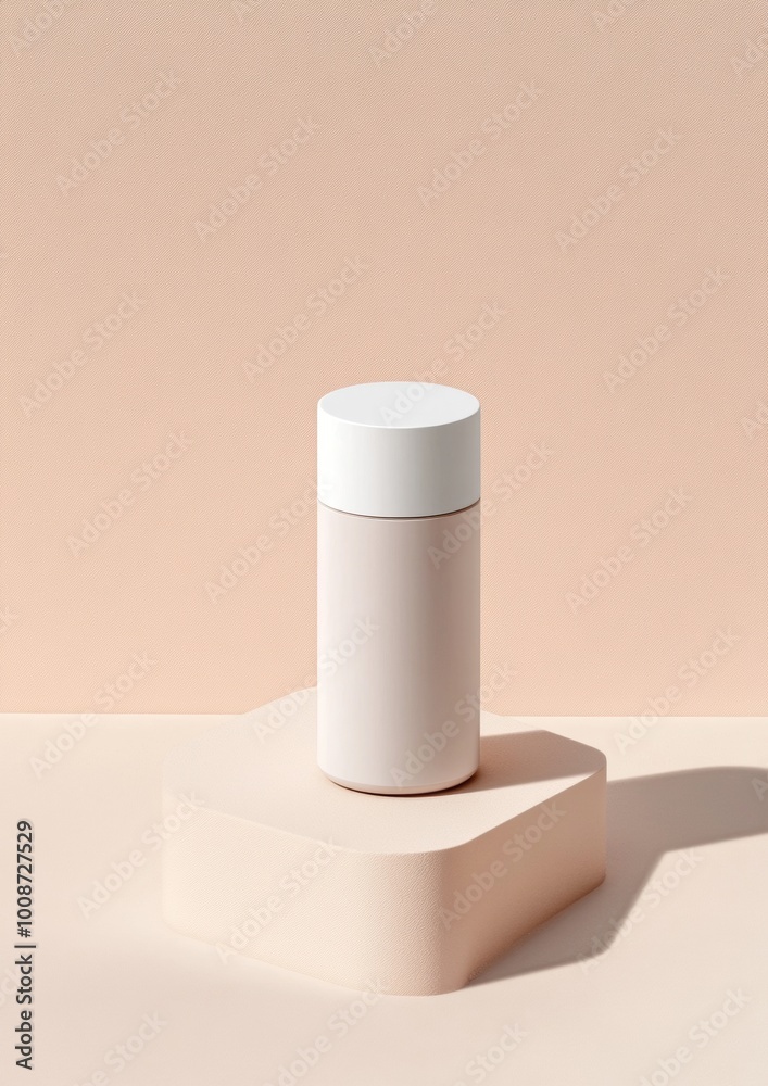 A white and clear bottle of lotion is sitting on a white pedestal A white and clear bottle of lotion is sitting on a white pedestal