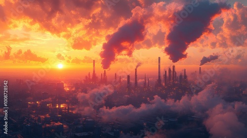 Sunset over Industrial Landscape with Dense Smoke and Cloud Formations