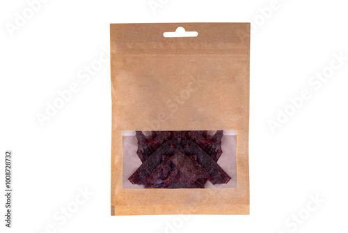 Schilderij op canvas Dried meat snack, jerky meat craft paper bag mockup with beef meat snacks, isola