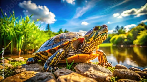 Variety of Pet Turtles Captured in a Beautiful Natural Setting Under Bright Sunlight Outdoors