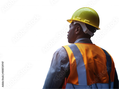 Construction worker in safety vest and yellow hard hat on Transparent Background