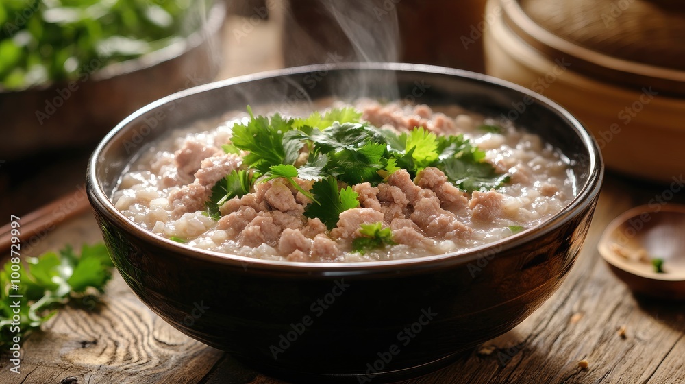 Steaming Bowl of Savory Rice Porridge with Herbs Steaming Bowl of Savory Rice Porridge with Herbs