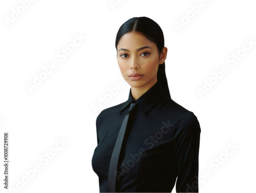 Elegant woman in black shirt with sleek hairstyle on Transparent Background