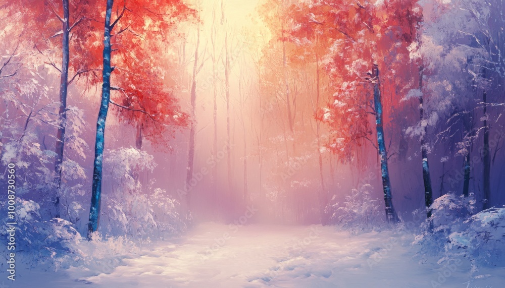 Naklejka premium A snowy forest path leading into the sun, the trees are covered in frost and snow.