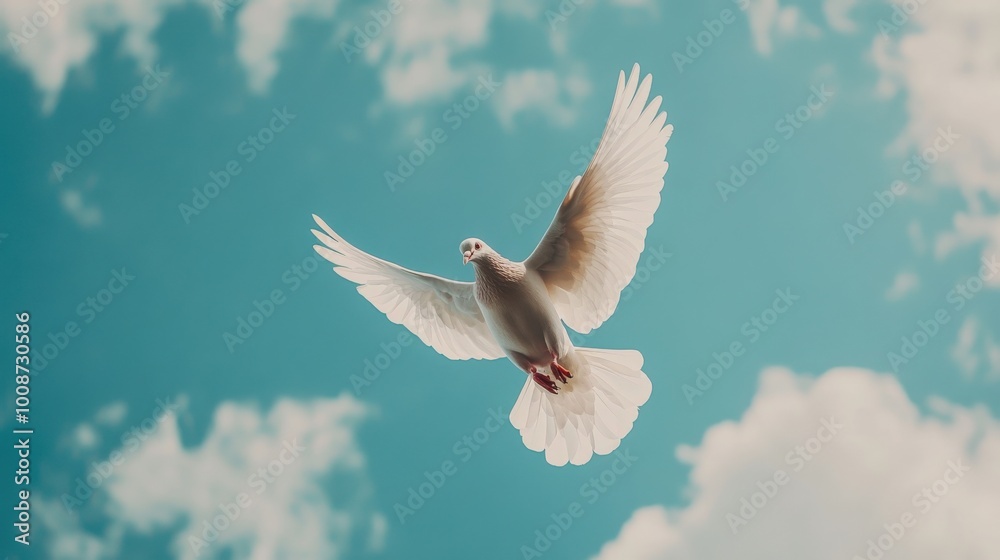 Obraz premium A white dove soars effortlessly in the bright blue sky, gliding among fluffy clouds, embodying peace and tranquility in a warm midday atmosphere