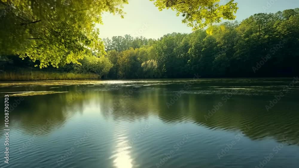 A tranquil lake surrounded by lush green trees, bathed in the warm light of the afternoon sun A tranquil lake surrounded by lush green trees, bathed in the warm light of the afternoon sun