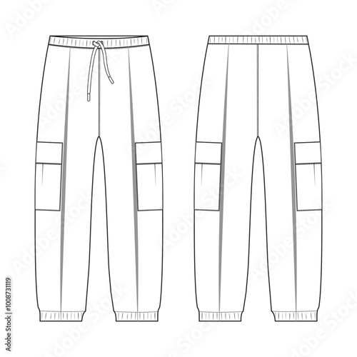 Trouser pants technical fashion flat sketch vector illustration template front and back view.
