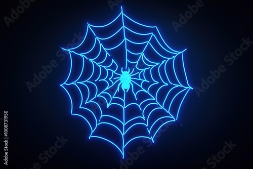 Neon lighting web. A vivid illustration of a strong web. Modern vector logo, banner, shield, web pattern. Night advertising on the background of a brick wall.
 photo