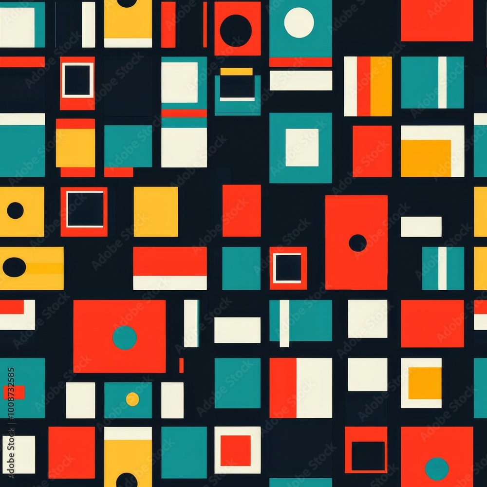 Abstract seamless pattern artwork made with various geometric shapes and elements in bold colors