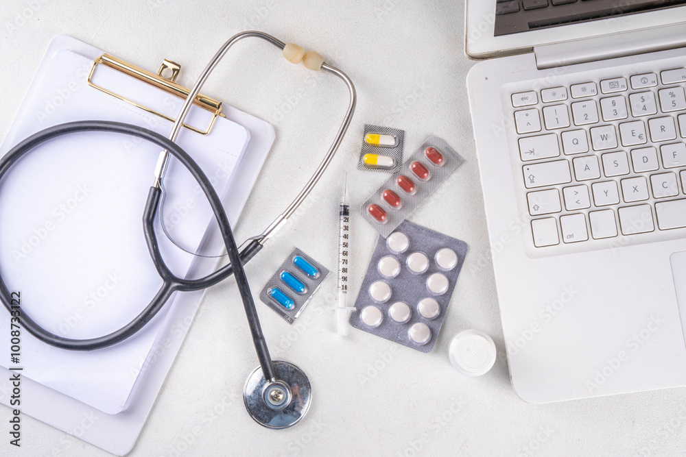 Simple medical healthcare background with notebook, clipboard, stethoscope, syringe and pills, Doctors, tests, health care, annual vaccination background top view copy space Simple medical healthcare background with notebook, clipboard, stethoscope, syringe and pills, Doctors, tests, health care, annual vaccination background top view copy space