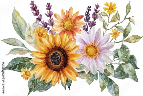 watercolor floral bouquet, sunflowers, lavender, daisies, leaves, yellow, orange, pink, white, camo green leaves, neutral, isolated on white background 