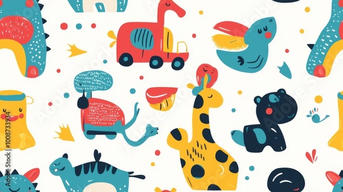 A seamless pattern of cute cartoon toys. Kid friendly background