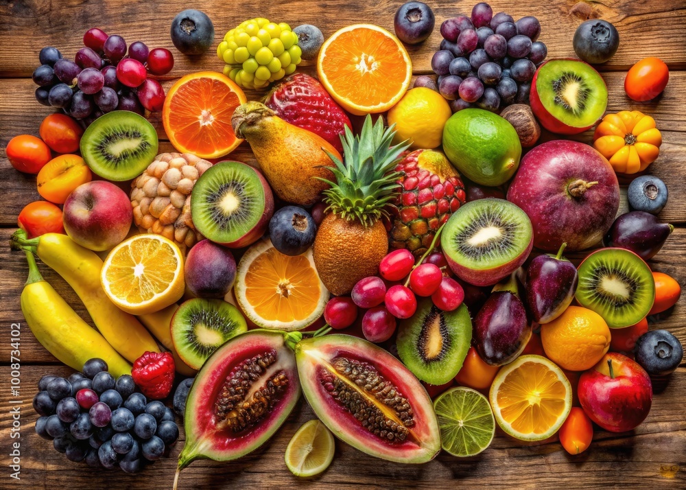 Vibrant and Exotic Fruits Displayed in a Colorful Arrangement on a Wooden Table Background Vibrant and Exotic Fruits Displayed in a Colorful Arrangement on a Wooden Table Background