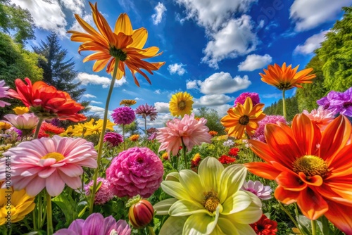 Vibrant and Large Colorful Flowers Blooming in a Lush Garden Under Bright Blue Sky in Springtime