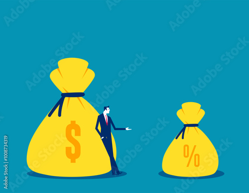 Money. businessman salesperson standing with money bag and commission portion, Commission payment