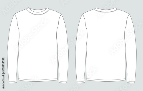 Long sleeve round neck Technical Sketch flat fashion T-shirt front and back view . Apparel dress design CAD Mock up Vector Illustration template.