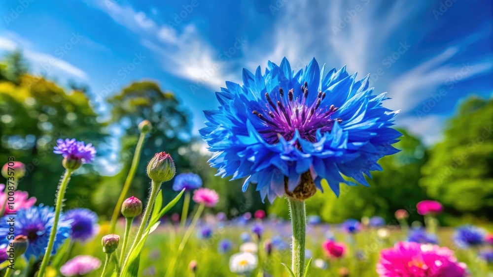 Vibrant Bachelor's Button Blooming in a Lush Green Garden Under Clear Blue Sky in Springtime Vibrant Bachelor's Button Blooming in a Lush Green Garden Under Clear Blue Sky in Springtime