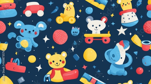A seamless pattern of cute cartoon toys. Kid friendly background