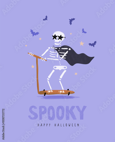 Funny Hand Drawn Halloween Vector Card. Funny Skelleton Wearing Starry Sunglasses Riding a Kick Scooter. Skeleton Hero and Bats on a Violet Background. Infantile Drawing-like Halloween Print. 