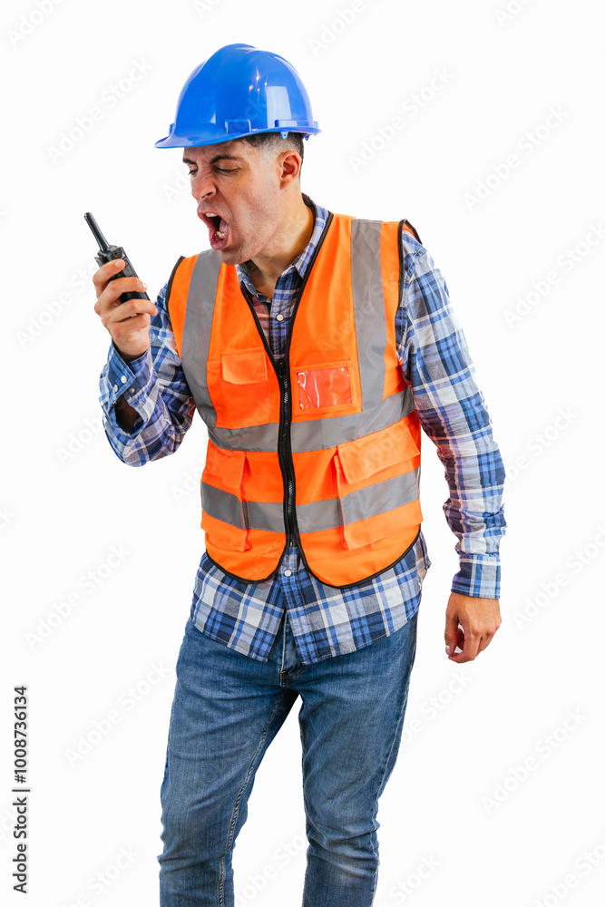 vertical Construction worker yelling angrily into walkie-talkie wearing orange vest and helmet