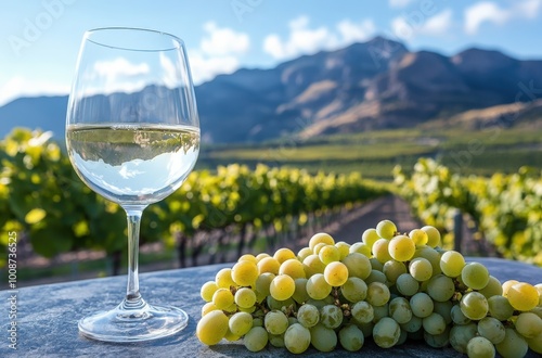 Wallpaper Mural A glass of white wine beside fresh grapes on a table with a vineyard backdrop Torontodigital.ca