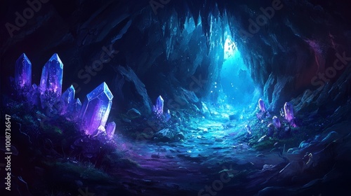 Enchanting Crystal Cave Landscape in Magical Blue Tones