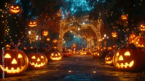 A family-friendly Halloween event with costumed kids, jack-oa??-lanterns, and glowing pathways through the park.