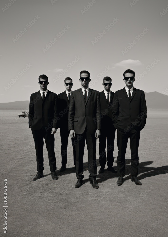 Fototapeta premium Four man wearing black suit and black sunglasses photography transportation accessories.