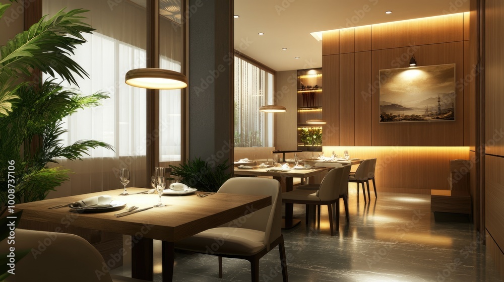 Clean and modern South Asian restaurant interior with minimalist decor. No people, copy space available Clean and modern South Asian restaurant interior with minimalist decor. No people, copy space available