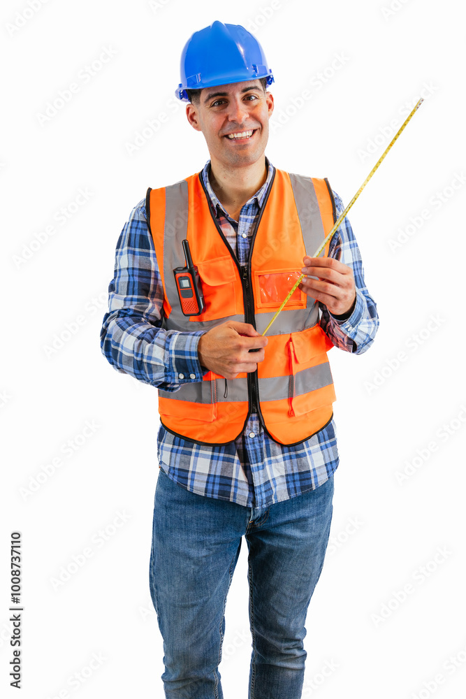 vertical Smiling construction worker holding a measuring tape wearing orange vest and safety helmet vertical Smiling construction worker holding a measuring tape wearing orange vest and safety helmet