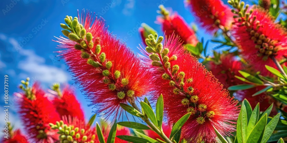 Vibrant Bottlebrush Plant in Full Bloom Showcasing Bright Red Flowers Against a Clear Blue Sky Vibrant Bottlebrush Plant in Full Bloom Showcasing Bright Red Flowers Against a Clear Blue Sky