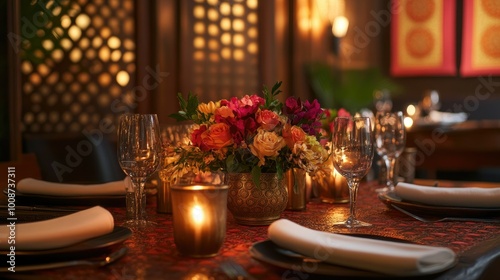 Close-up of a beautifully set South Asian restaurant table with flowers and candles. No people, copy space available